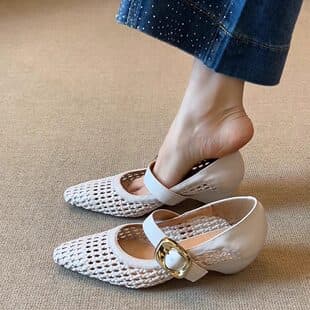 In Stock ~ French Square Toe Woven Mid Heel High Heel Mary Jane Shoes Women Summer Mesh Chunky Heel Sandals White
