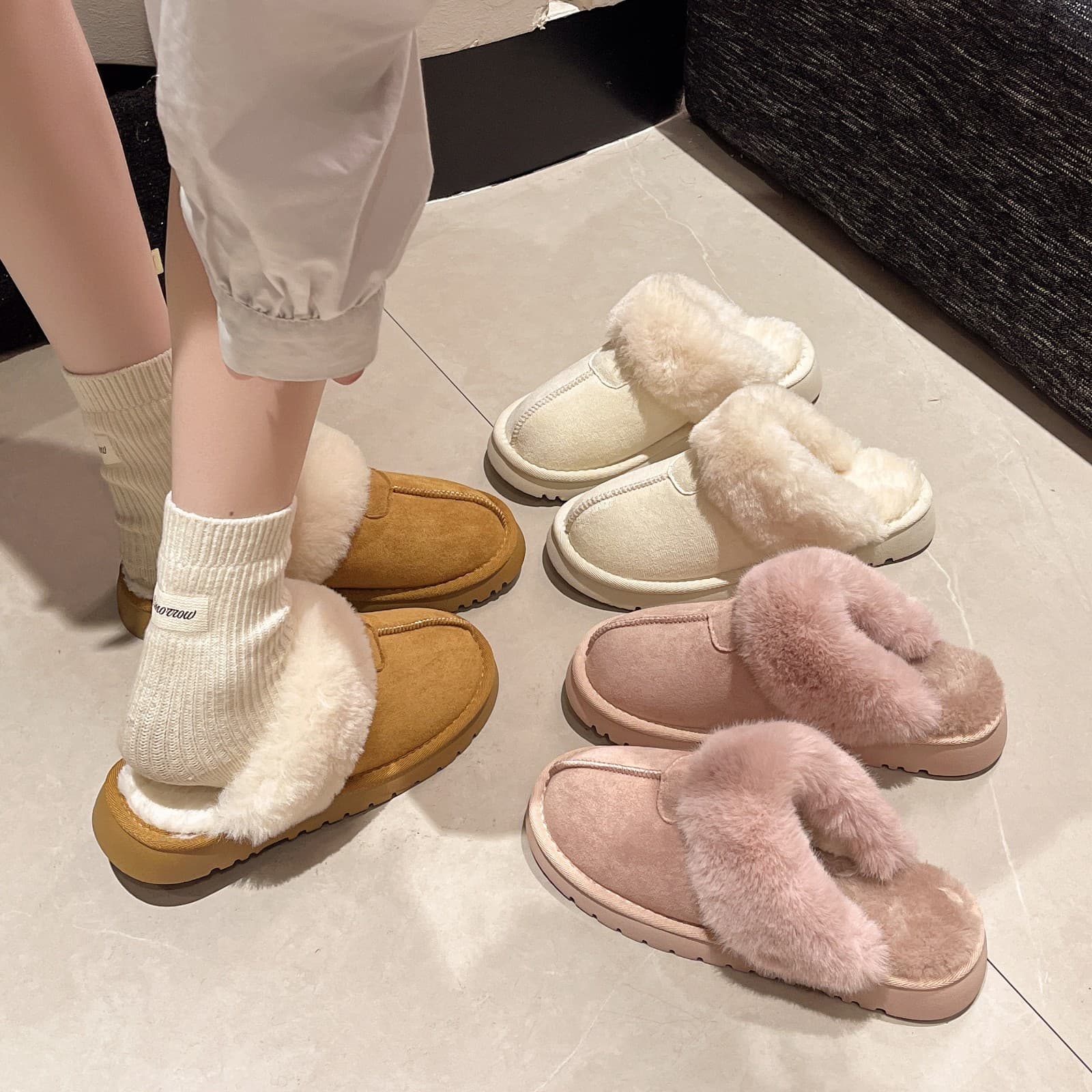 Export Flat Fur Slippers for Women, 2024 Autumn/Winter Style, Versatile Korean Simple Enclosed Toe Outdoor Slippers