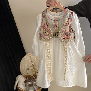 Girls Dress Set 2026 Spring New Style Little Girl Ethnic Dress Retro Print Vest Kids Clothing