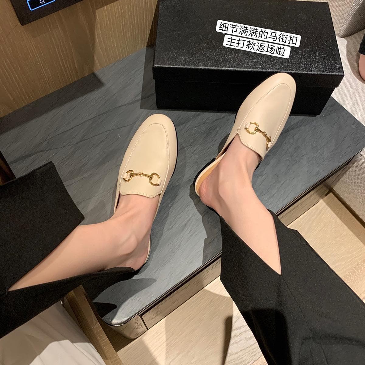 Leather Version~Casio Party~Horsebit Closed-Toe Mule Slippers for Women, Half Slippers, Outdoor Sandals