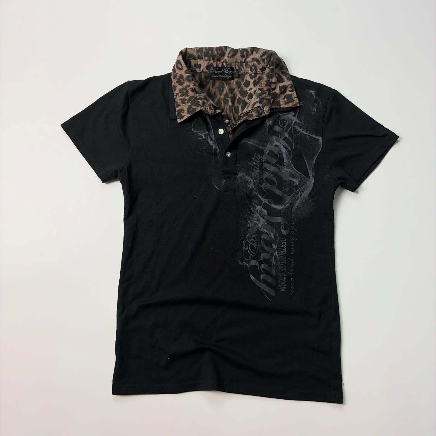 European and American style retro leopard print splicing short-sleeved lapel T-shirt fashionable personality hip-hop street button short top for women