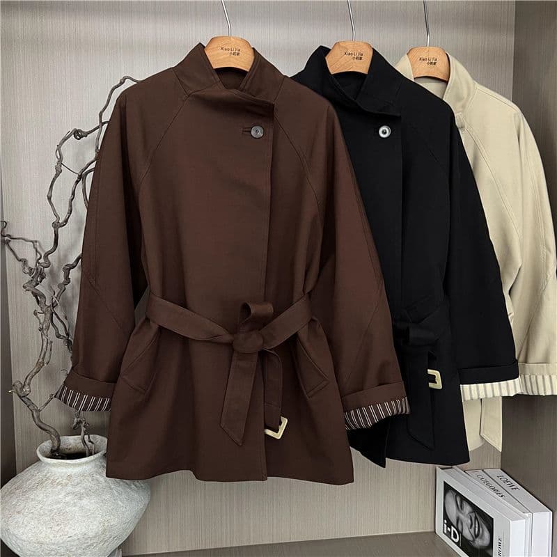 Korean Style Tie Belt Stand Collar Short Trench Coat for Women Autumn 2025 New High-End Sense Temperament Coat This Year's Popular Jacket