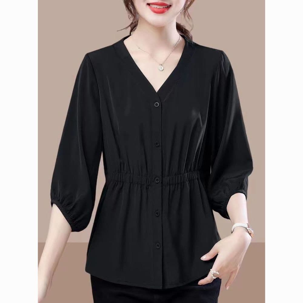 New Chinese style three-quarter sleeve shirt for women, loose fit, plus size, waist-cinching, conceals tummy, spring and autumn top.