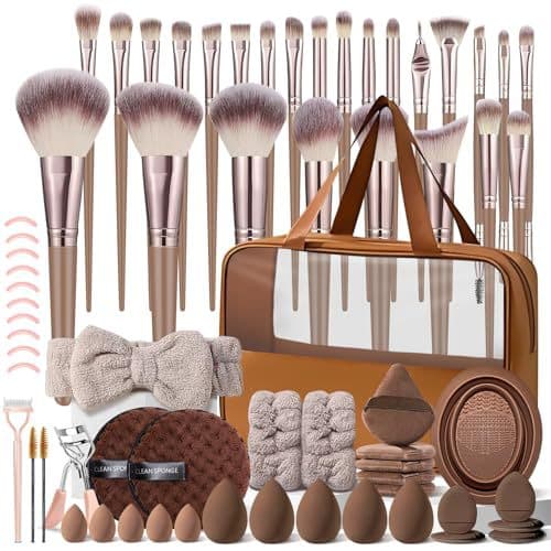 Hot-selling 65-piece makeup brush set with beauty blender and powder puff combo, including powder brush, custom processing available