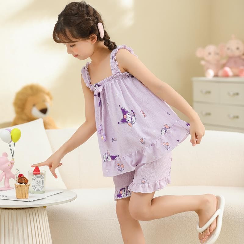 Children's Pajamas Bubble Crepe Thin Summer Girls' Family Matching Cami Cute Set Cartoon Baby Homewear
