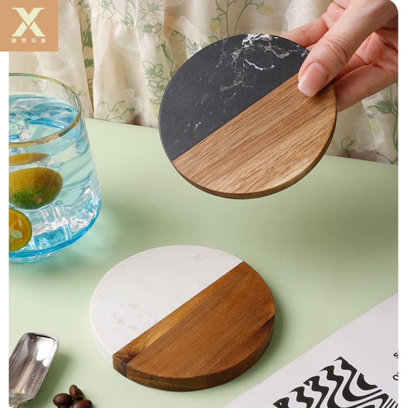 Acacia wood and artificial marble round coasters, factory direct sales, acacia wood coasters, dining table personalized creative coasters