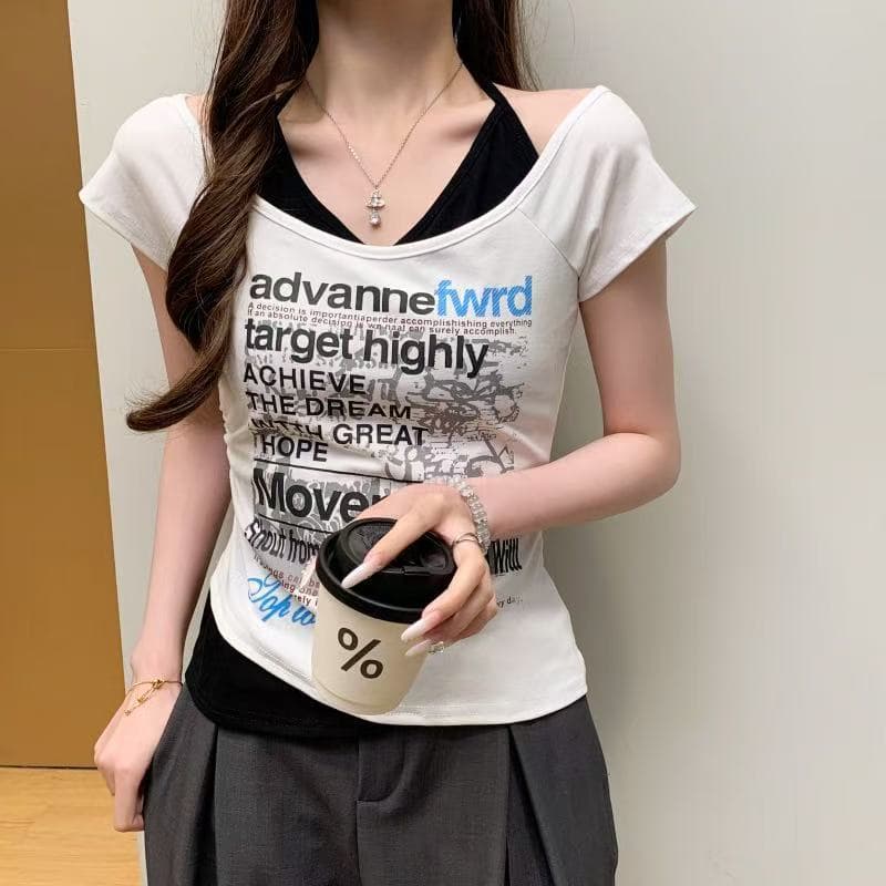 New Arrival In Stock Hot Girl American Retro Letter Print Short Sleeve T-Shirt Women's Summer Contrast Color Fake Two-Layer White Top