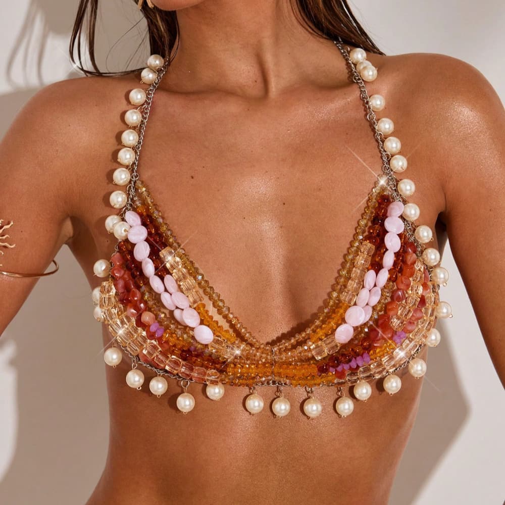 European and American Sexy Chest Chain Silver Chain with Crystal Pearl Teardrop Tassel Vacation Outfit Body Accessory Chain