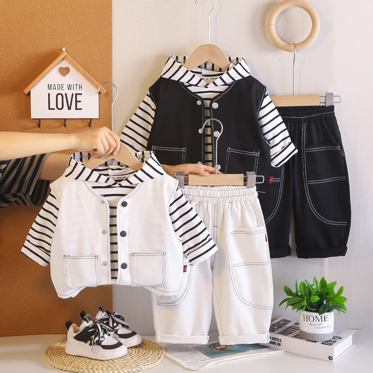 Boys Korean Style Striped Work Vest 3-Piece Set Fall New Toddler Outfit Ages 1-5