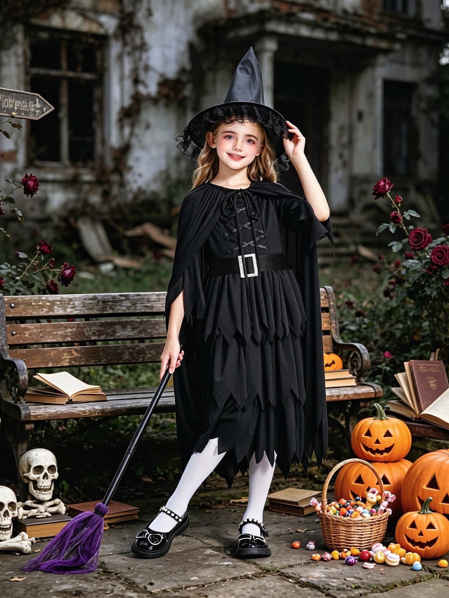 Halloween Kids Costume Witch Dress Girls Dark Retro Witch Outfit Cosplay Performance Dress