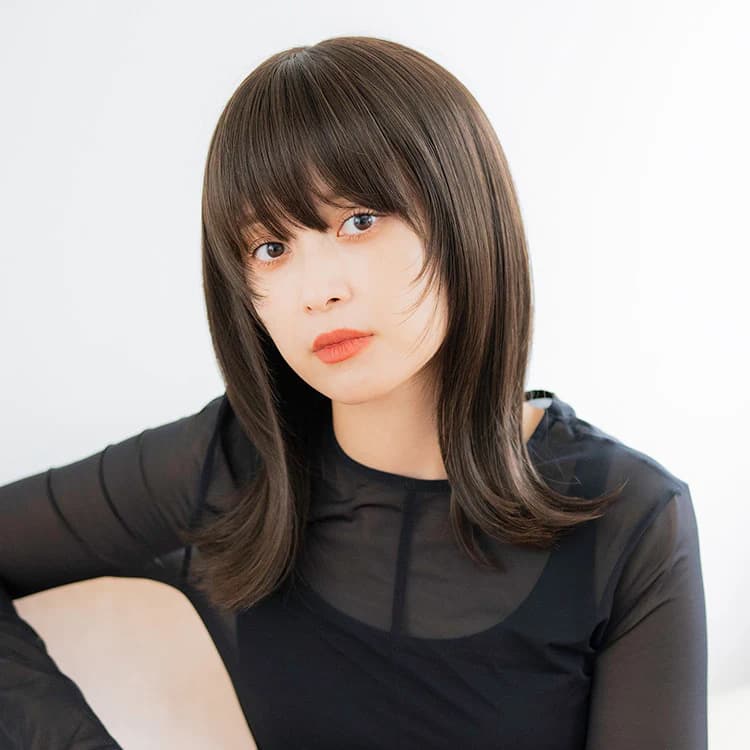 Wig Factory Wholesale Natural Everyday Medium-Long Brown Layered Full Wig with Bangs High-Temperature Fiber