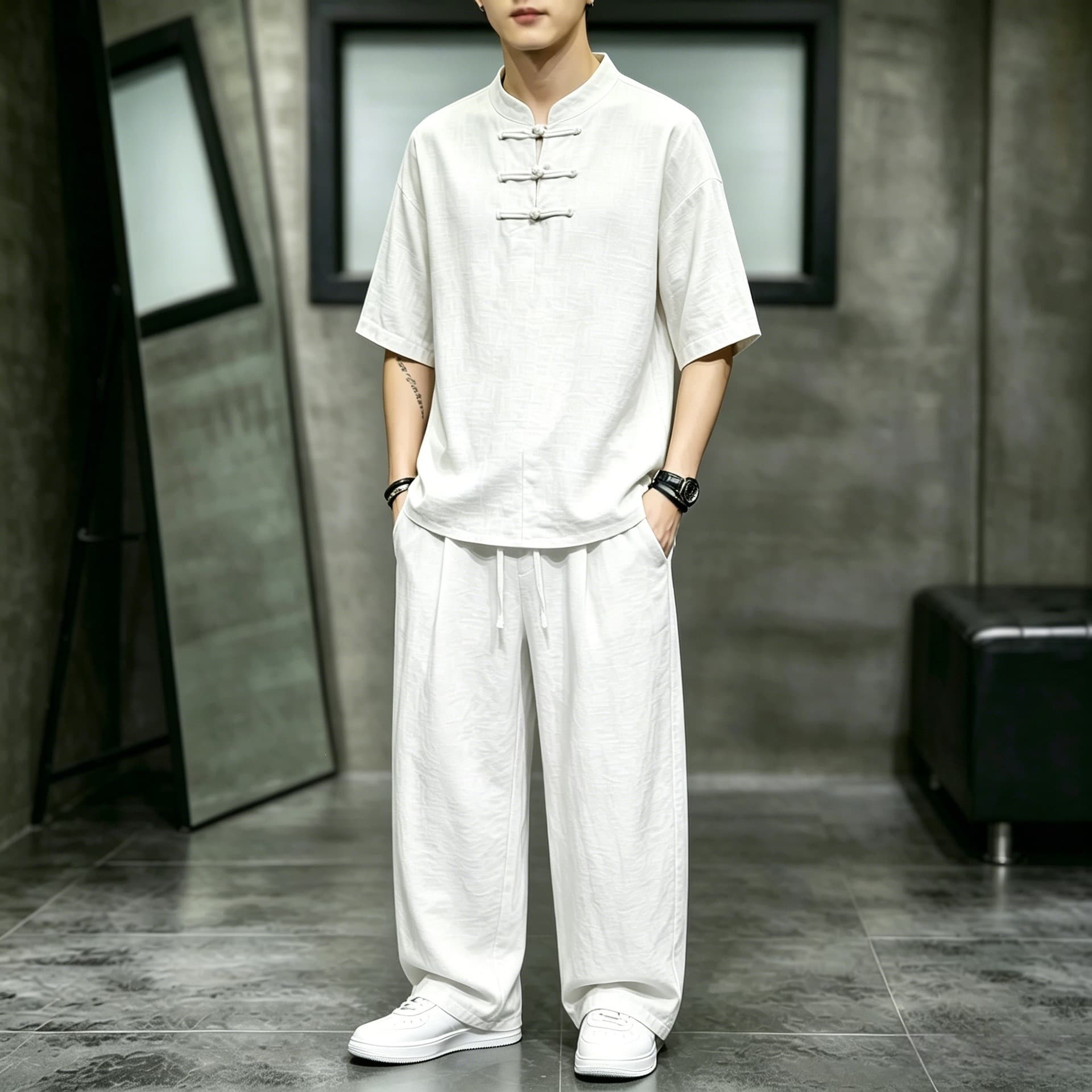 Chinese style summer men's cotton and linen disc button stand collar shirt suit new Chinese style imitation linen loose casual two-piece set