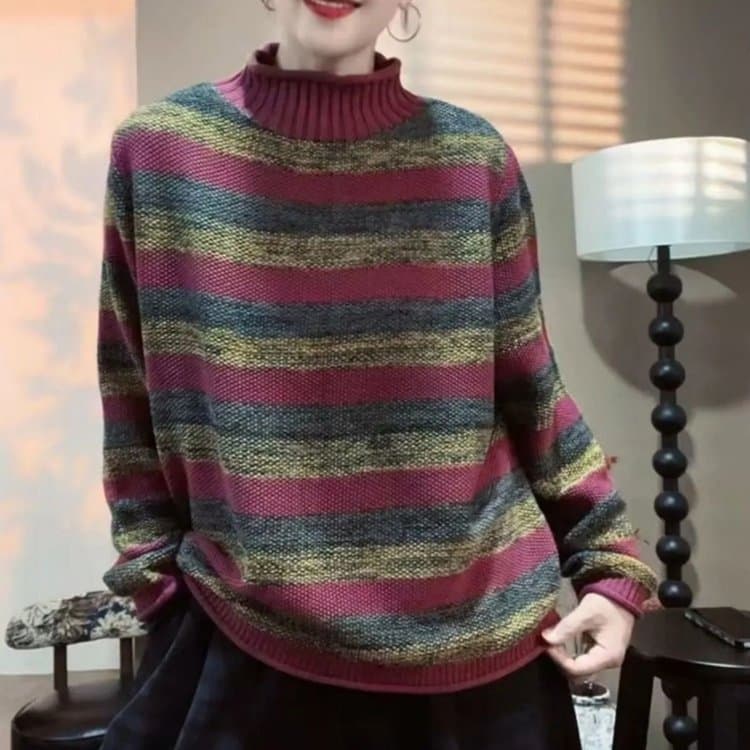 Dropshipping Bestseller Color-Block Striped Half-Turtleneck Sweater 2025 Fall/Winter Fashion Casual Loose-Fit Slimming Knit Top