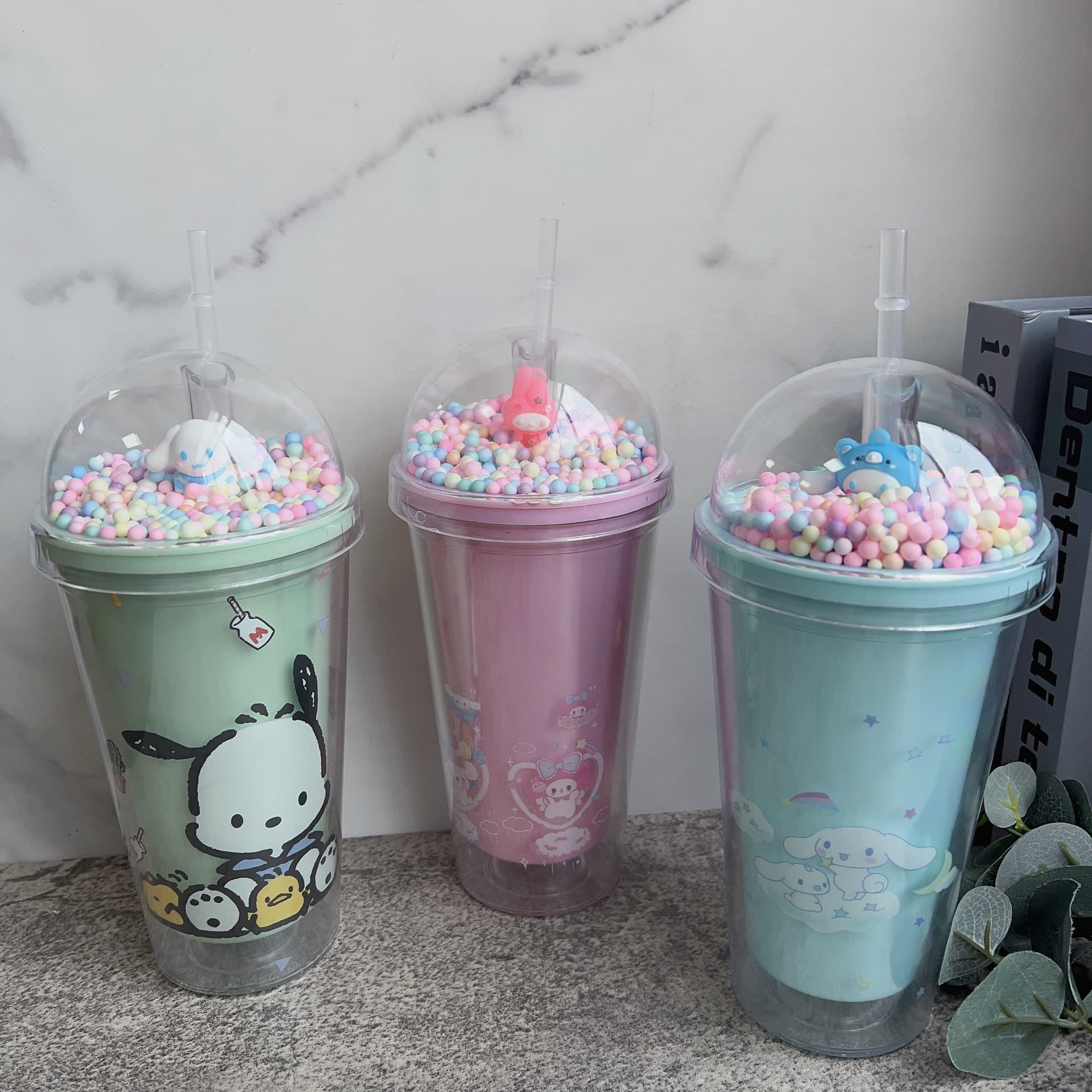 Sanrio Cartoon Plastic Ice Cup Double Layer Glitter Crushed Ice Cup New High Appearance Cross-border