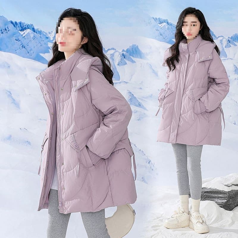 Plus-size women's loose-fit printed white duck down mid-length padded coat for students