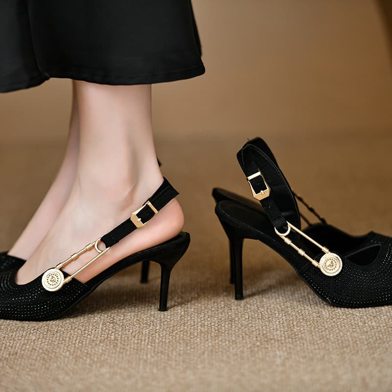Shiny Sequin Fabric High Heels Women's Spring Summer Pointed Toe Thin Heel Strap Party Shoes Sexy Low Cut Rubber Sole Sandals