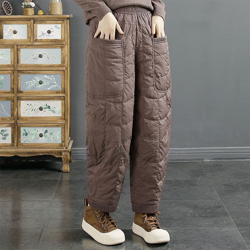 Vintage Solid Color Checkered Down Cotton Pants Windproof Warm Thick Loose Casual Pants 2025 Winter Plus Size Women