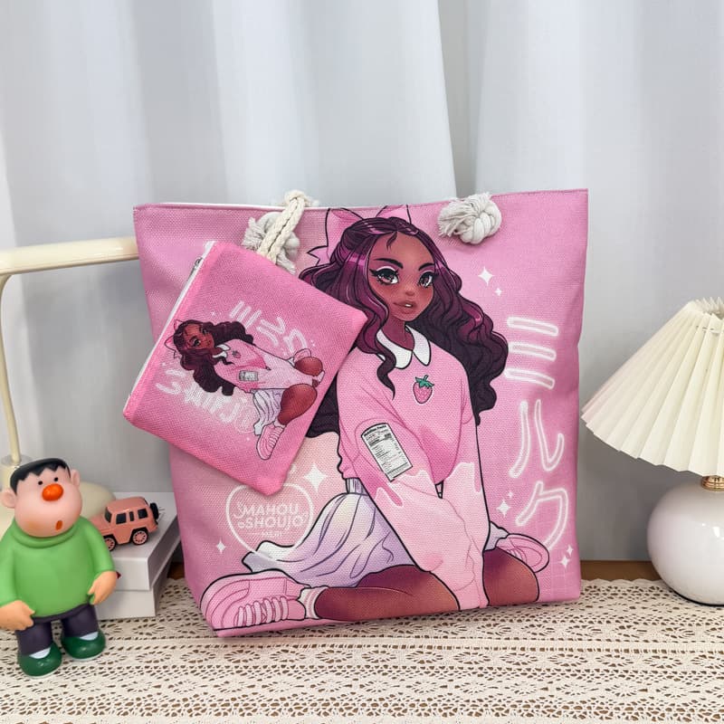 African Black Hand-Painted Tote Bag with Black Girl Print, Lightweight Foldable Shopping Bag for Women