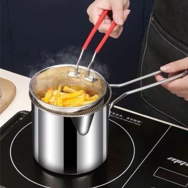 Wow Oh Deep Fryer Pot 304 Stainless Steel Gas Mini Pot Japanese Style with Filter Mesh Tempura Oil-Saving Small Fryer
