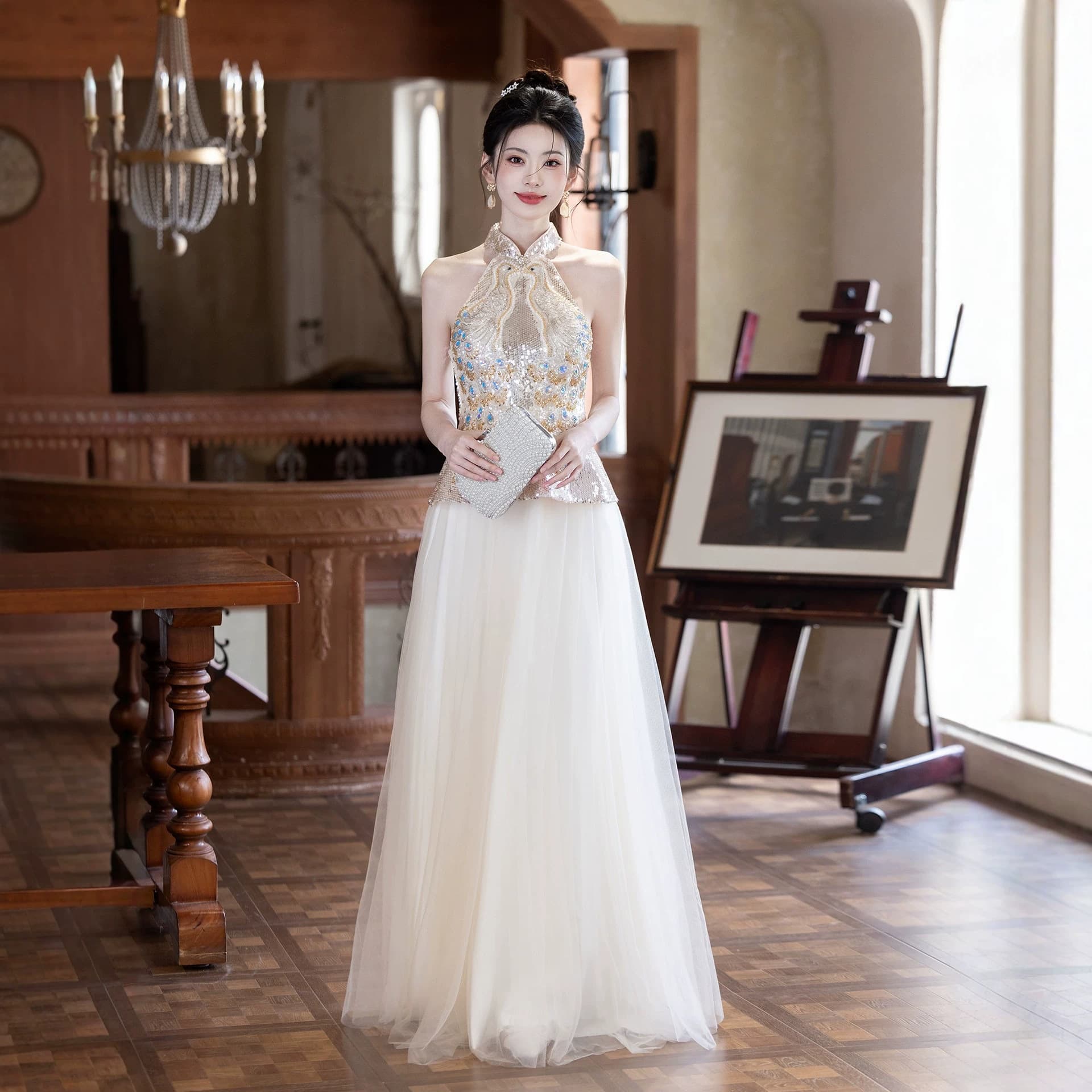 Champagne Engagement Evening Dress 2026 New Style Halter Neck Bride Toast Dress Banquet High-End Light Luxury Hostess