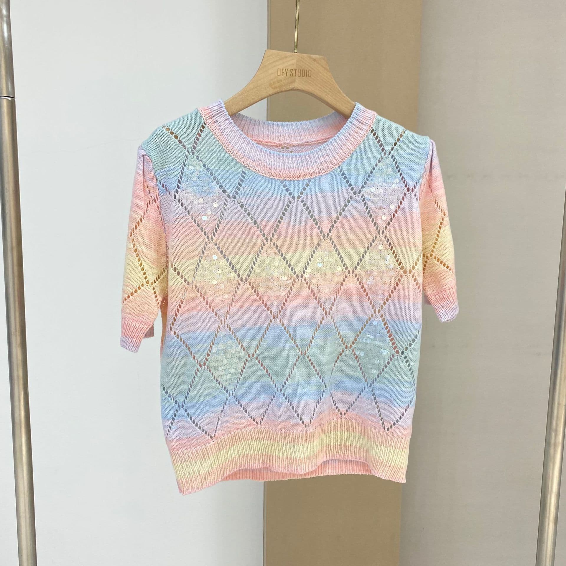 Easiest for Match Colorfulful Sequined Knitwear 2024 Summer New Style French Style Gentle Round Neck Cut Out Quilted Thin Top