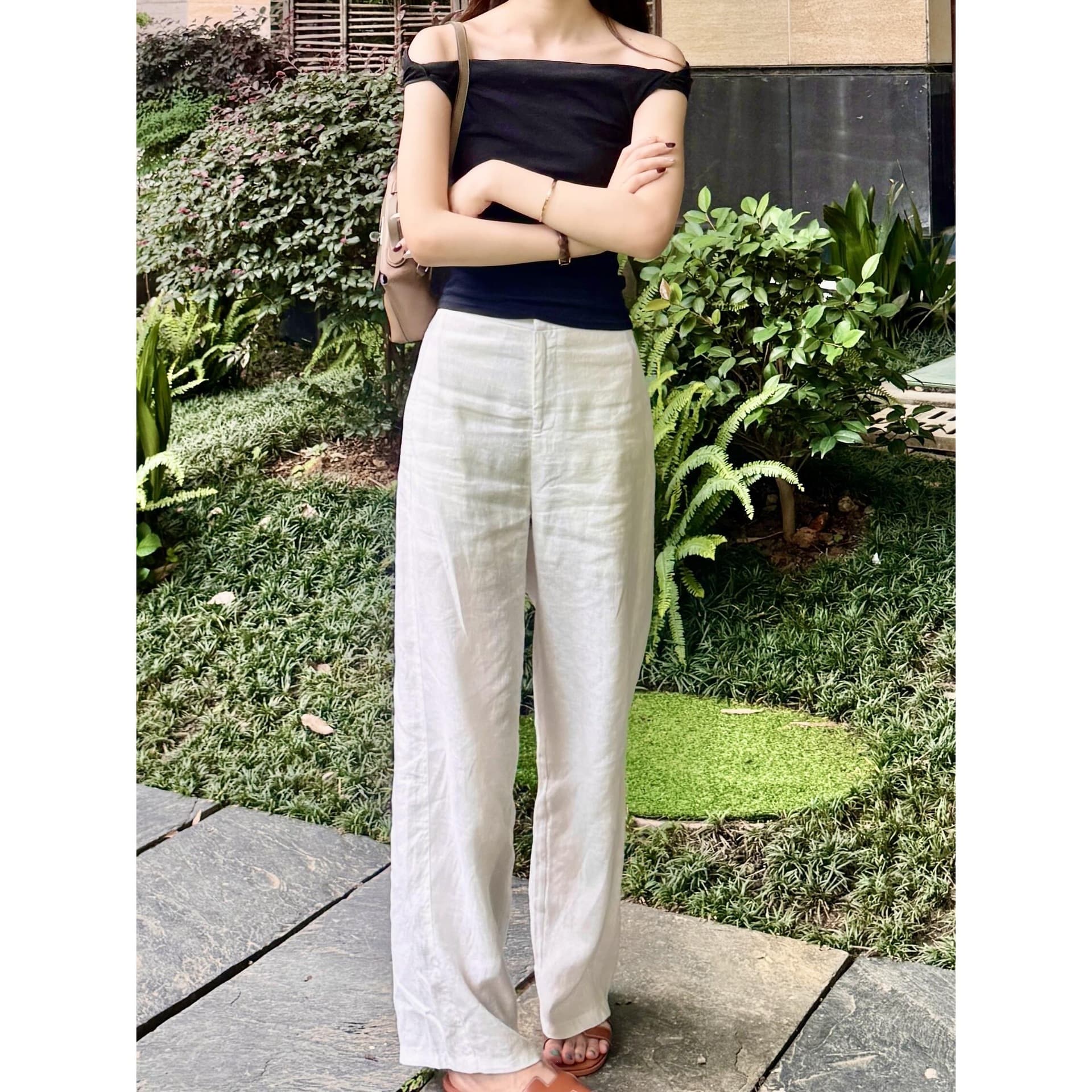 Old Money Style White Linen Casual Pants for Women Summer Petite High-Waisted Slimming French Relaxed Fit Long Pants