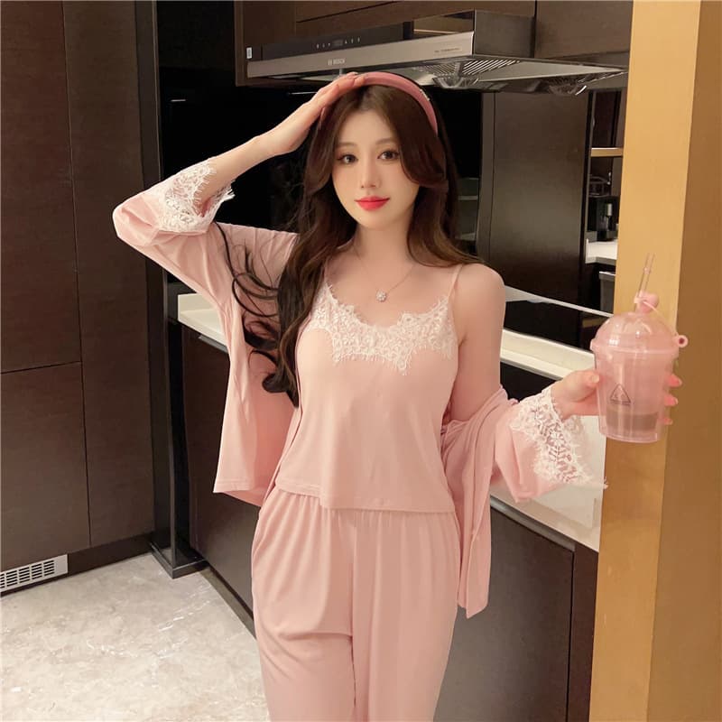Women's Pajama Set Spring/Autumn Modal Fine Rib Lace Cute Camisole Long Sleeve Three-Piece Loungewear with Padded Bra