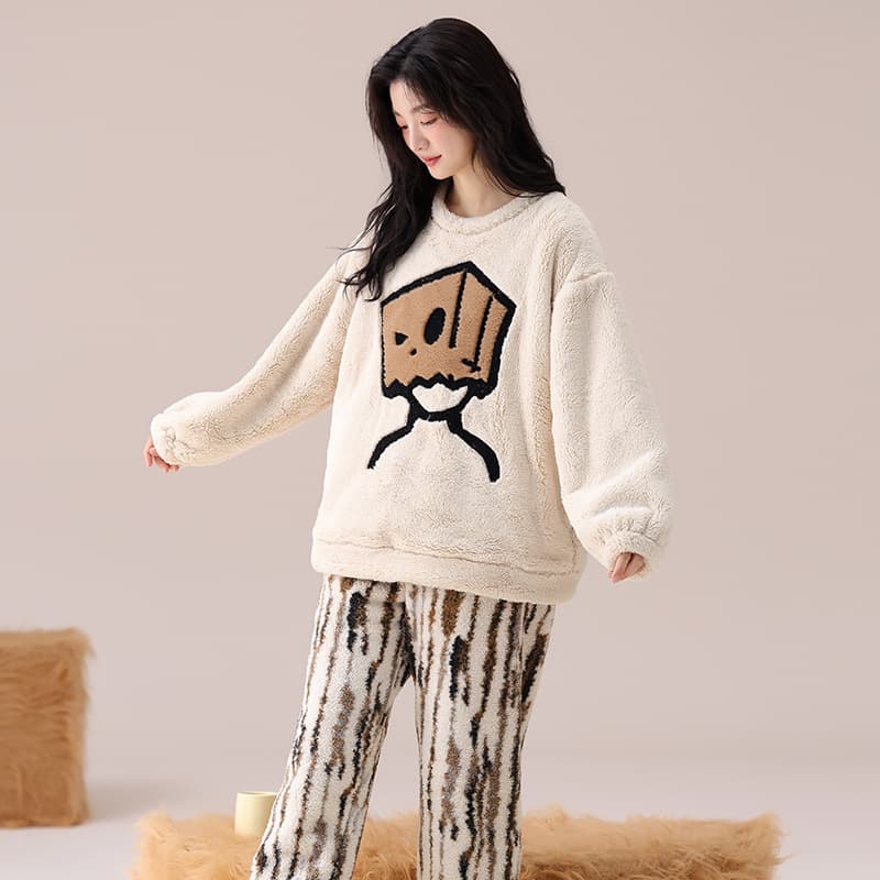 Round Neck Coral Velvet Pajamas for Women, Winter Student Youth Cute Set, Loose Casual Simple Style, Plus Size Loungewear