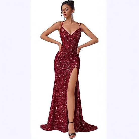 Amazon AliExpress Long Sequin Evening Dress Sleeveless V-Neck Slit Party Prom Gown