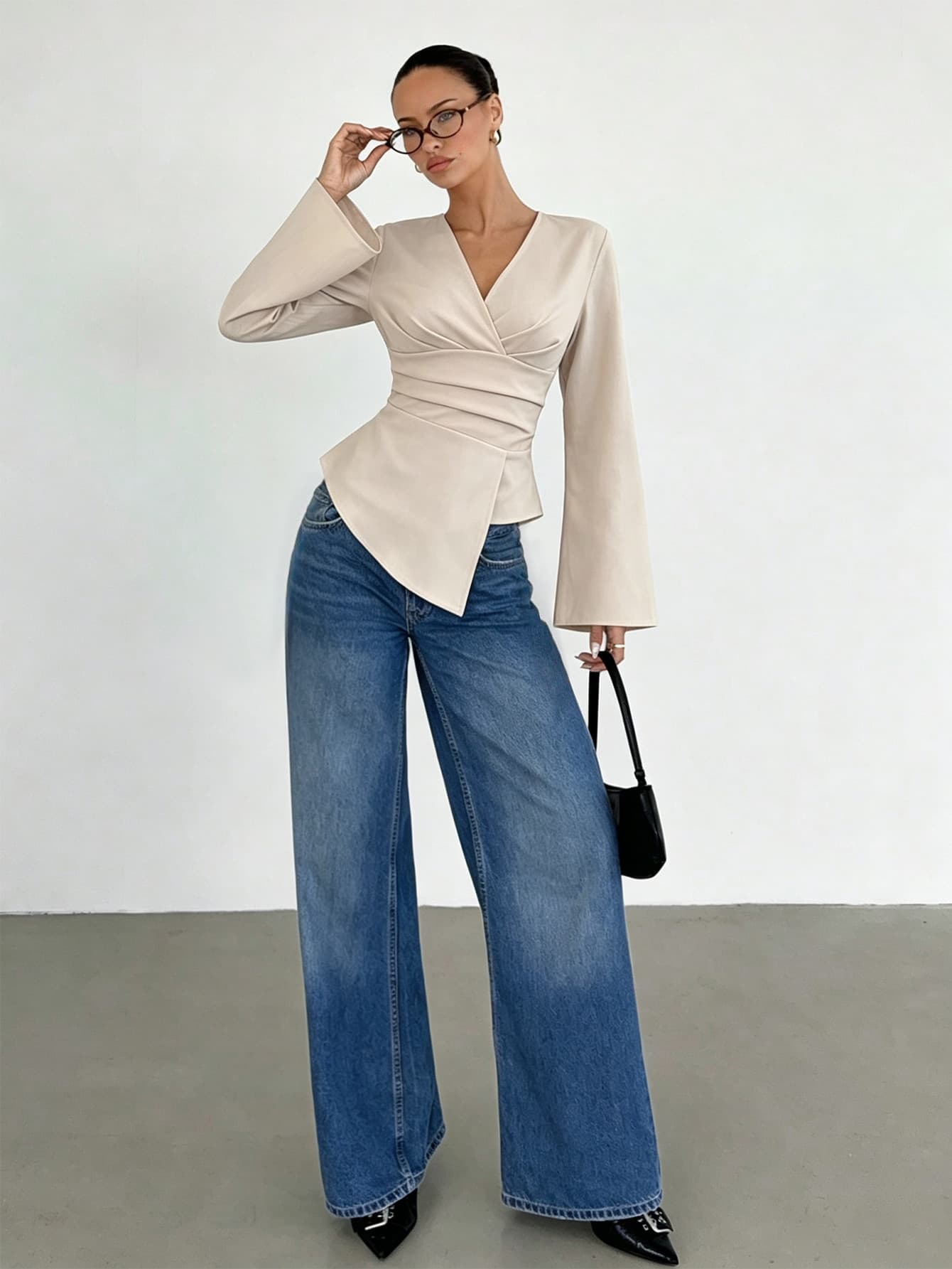 Cross-border Export New V-Neck Cross Waist Long Sleeve Top Women's Flared Sleeve Irregular Hem Elegant Versatile T-Shirt