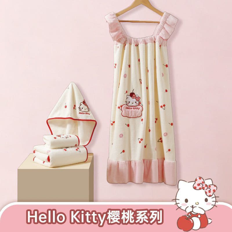 Kitty Cat Cherry Bath Dress Face Washing Absorbent Towel Home Children Bath Towel Hair Drying Cap