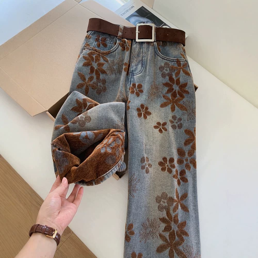 Official Image Blue Washed Chenille Thick Curved Blade Wide-Leg Jeans for Women High-Waist Straight-Leg Slimming Wide-Leg Long Pants