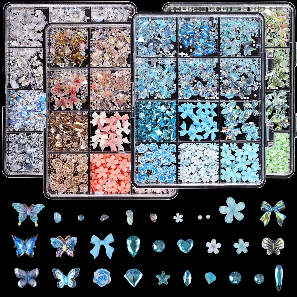 New Export 12-Grid Nail Art Decoration Ice-Transparent 3D Butterfly Five-Petal Flower Crushed Stone DIY Nail Accessories Irregular Diamond
