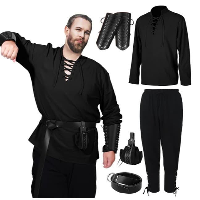 4-Piece Men's Halloween Renaissance Costume Set Medieval Pirate Shirt with Ankle-Tie Pants