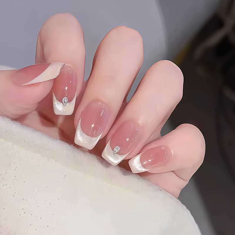 [White Moonlight] Simple White French Nude Blush with Rhinestone Accents Gentle Feminine Handmade Press-On Nails