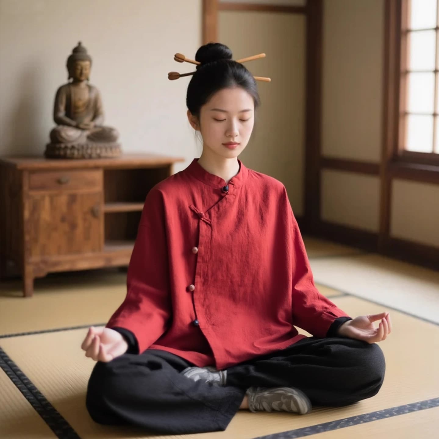 Meditation Zen Clothing Vintage Cross Collar Button Hemp Cotton Zen Suit Women's Autumn Set Lay Buddhist Women's Practice Simple Clothes