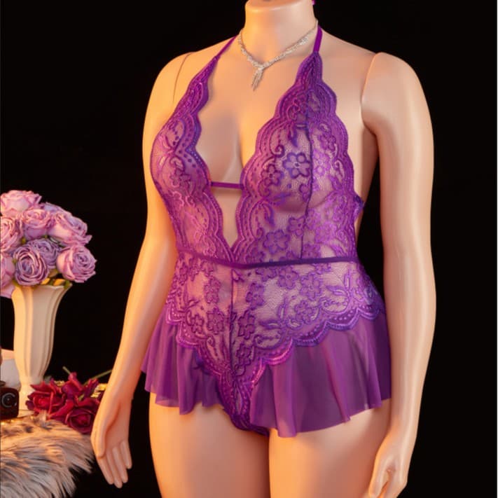 Plus Size Lingerie Lace Bodysuit Open Crotch Tie Neck Seductive Sleepwear See-Through Sexy Clothing Passion