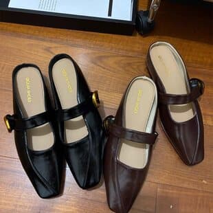 Small Black Backless Toe-Cover Half Slippers Women Summer 2025 New Style Inner Height Increase Low Heel Square Toe Mary Jane Shoes
