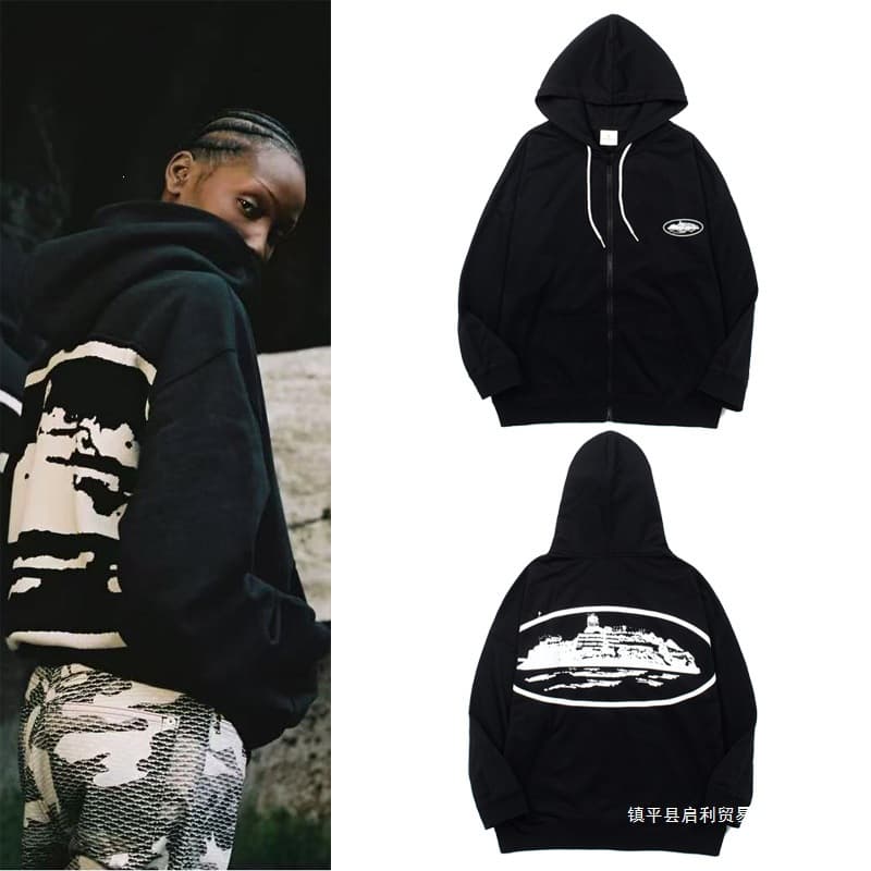 American high street hip-hop Alcatraz CRT zipper cardigan hooded sweatshirt men's trendy sports jacket