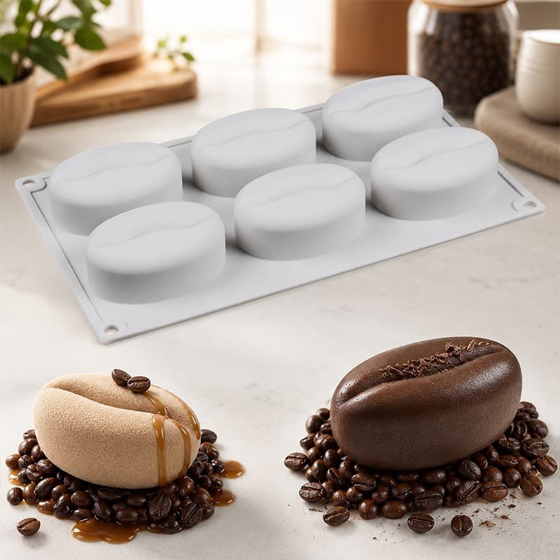 New Cross-Border 6-Connection Coffee Bean Food-Grade Silicone Mold, High-Temperature Resistant DIY Pudding Mousse Cake Mold for Home Use