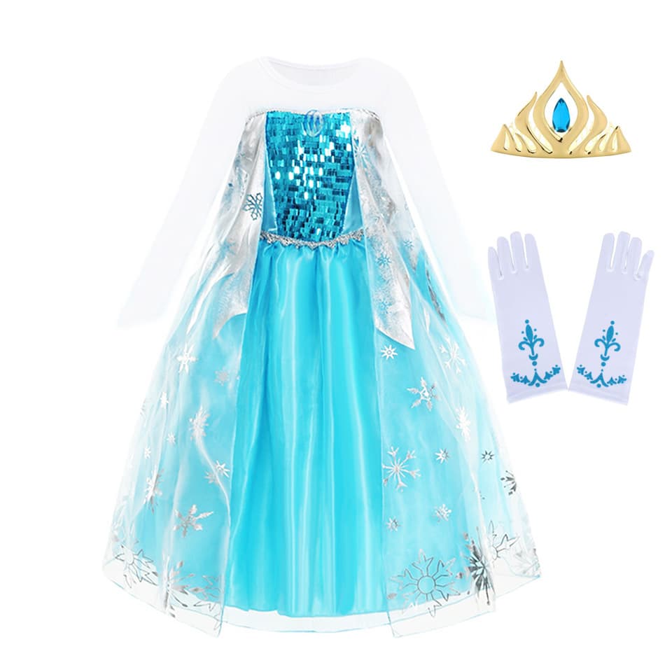 Frozen 2 White Elsa Princess Dress Summer Sequined Mesh Cape Detachable White