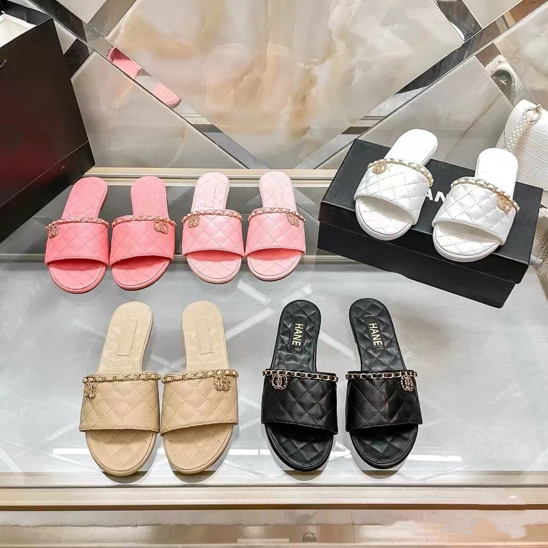 Chanel Style Summer Genuine Leather Casual Flat Sandals Fashion Outdoor Chain Classic Beach Lambskin One-Strap Slippers