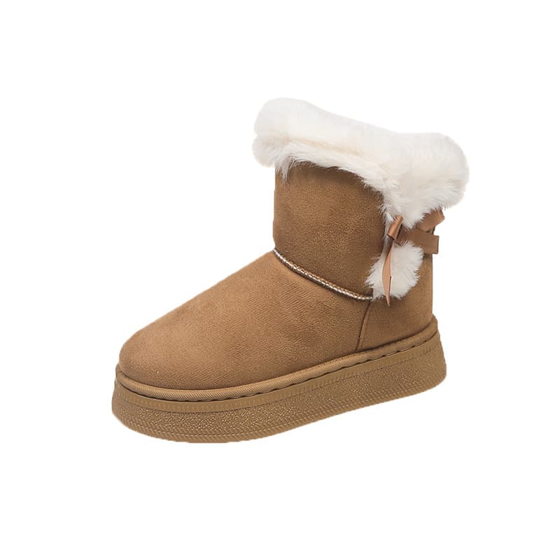 Fleece-Lined Thick Snow Boots Slip-On 2025 Winter New Thick Sole Furry Bow Warm Plus Size Cotton Shoes