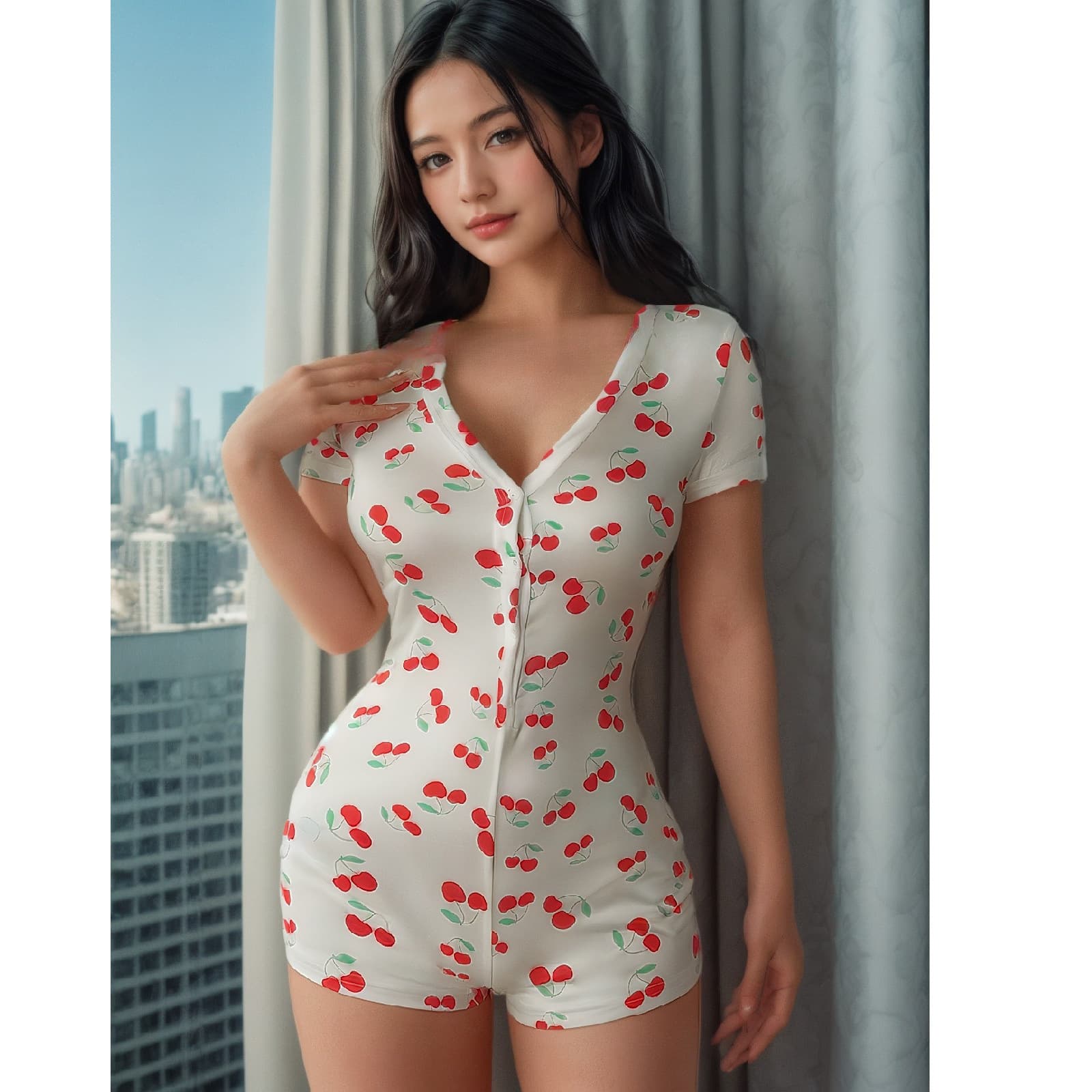 Women's European and American Cherry Print V-Neck Slim Short-Sleeve Jumpsuit Shorts