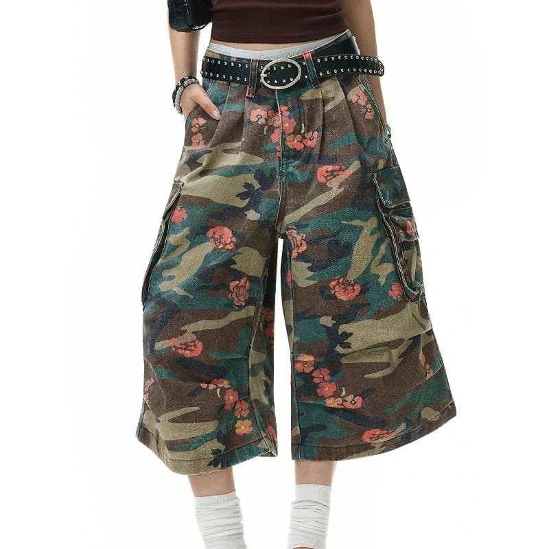 2026 Summer New American Camouflage Floral Print Seven-Point Pants for Women, Loose Cargo Pants Design Casual Pants