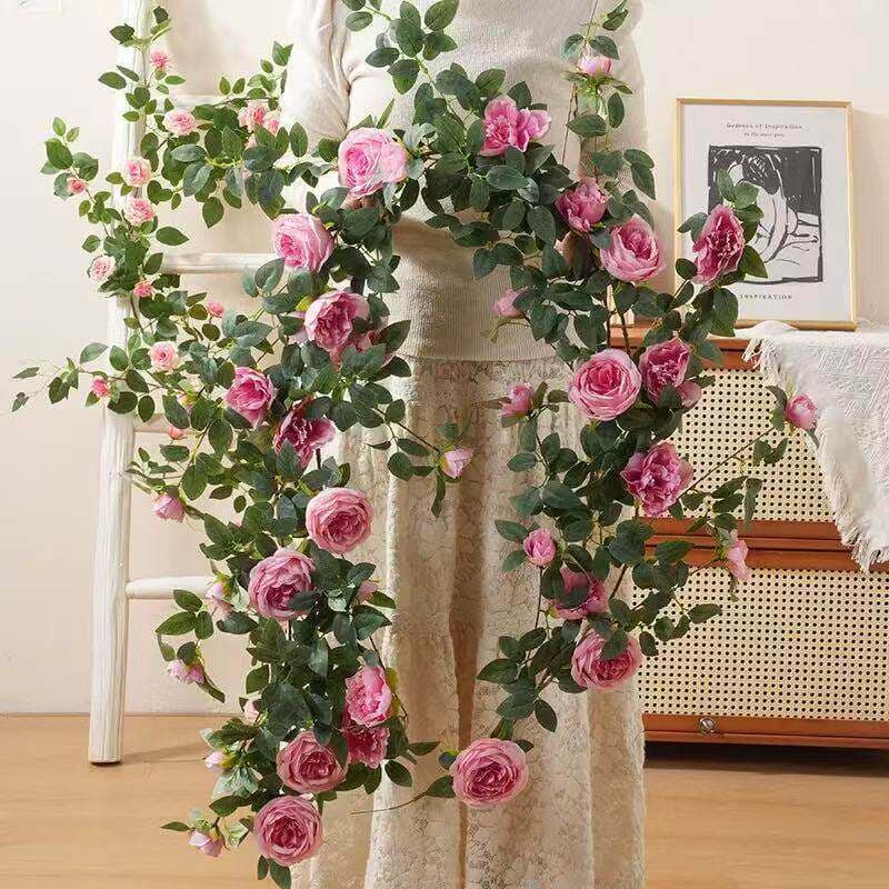 Artificial Rose Vine Fake Flowers Plastic Rattan for Air Conditioning Pipe Wrapping, Storefront Decoration