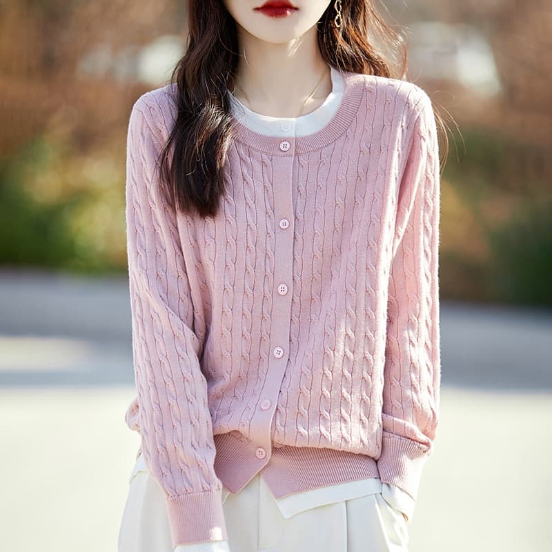 New Autumn/Winter Knitwear Round Neck Faux Two-Piece Wool Cardigan Cable Knit Contrast Color Sweater Coat Top Wholesale