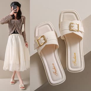 Flat Slippers for Women 2025 Fashion Women's Slippers Summer Outdoor Beach Square Buckle Flat Casual One-Strap Slippers