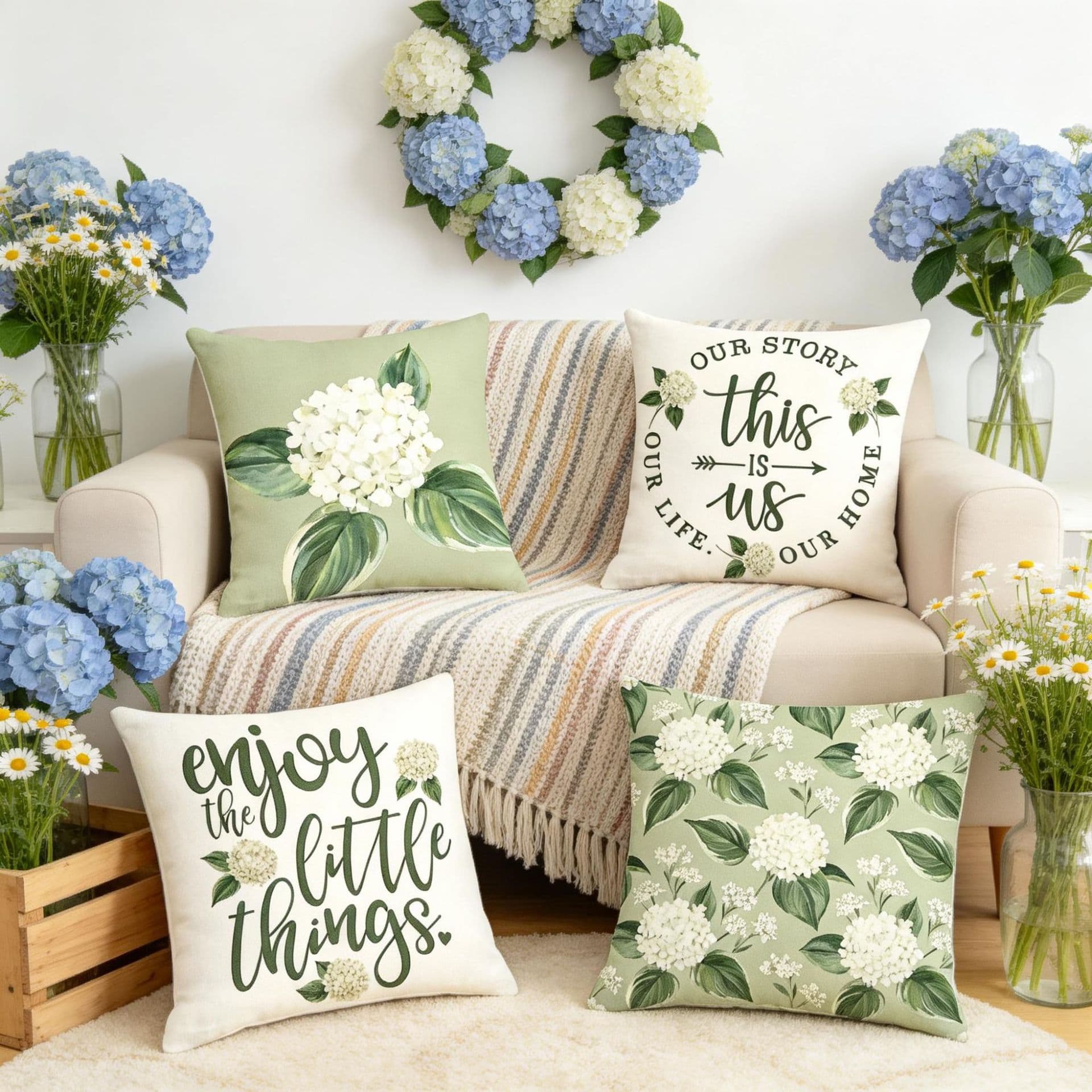 Blue Hydrangea Flower Print Pillowcase Cross-Border New Style Decorative Sofa Cushion Cover Bedroom Headboard Cushion Cover Wholesale