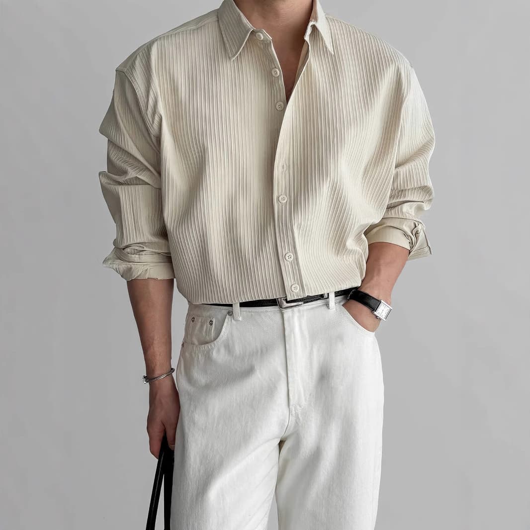 Lapel pit stripe texture long-sleeved shirt men's casual business shirt high-end drape light mature style versatile top